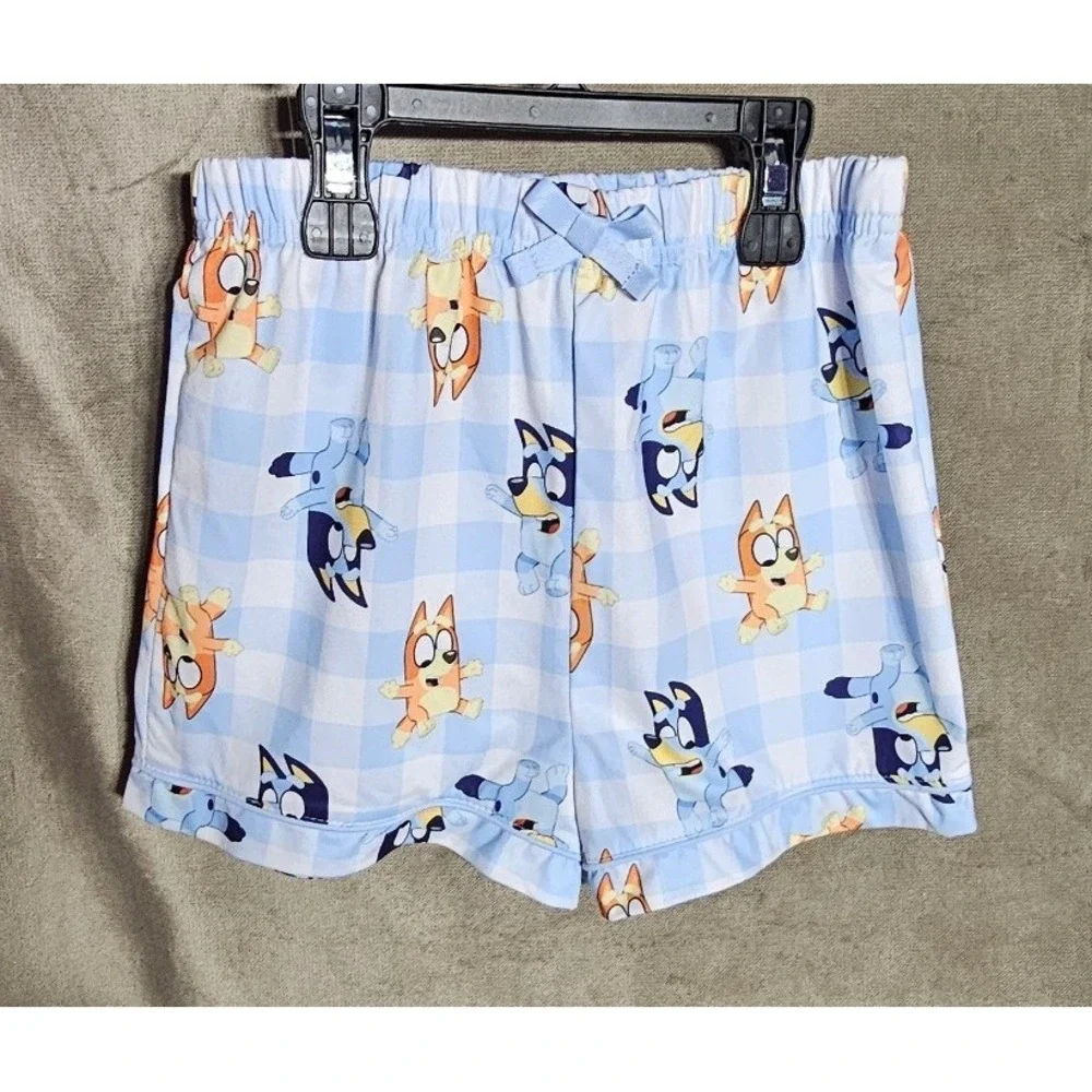 Bluey Bingo Kids 2PC Pajama Set Blue Gingham Button Down Shirt Shorts 5T NEW